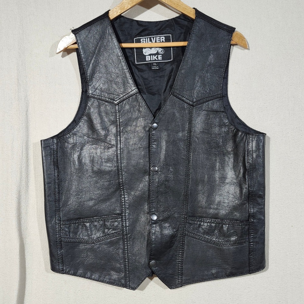 Silver Bike Mens Black Leather Biker Vest XL Snap Button Western Pockets Lined